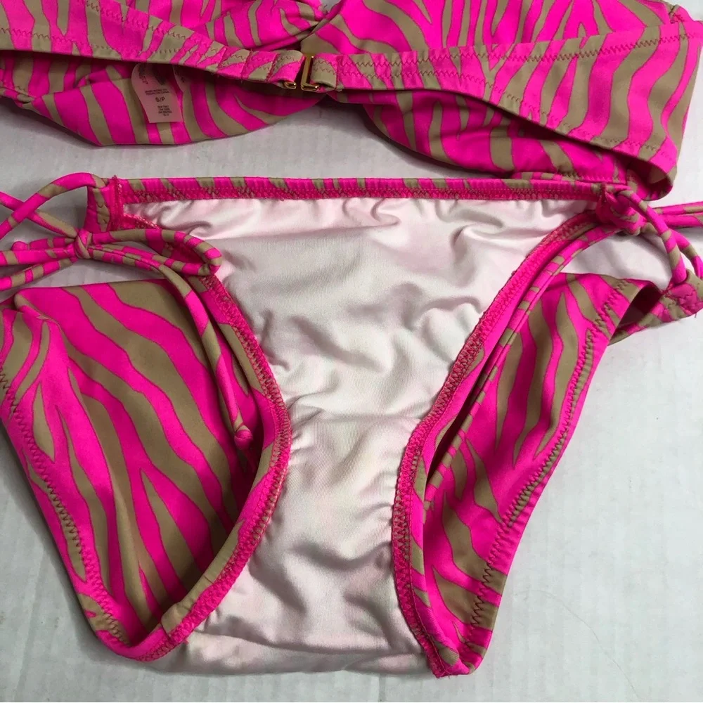 Victorias Secret Bikini Womens Small Zebra Print Pink Tan Strapless Top Padded
